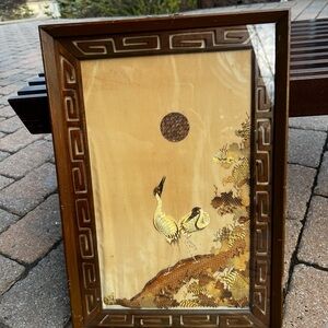 Antique! Framed Asian Crane Art Panel in Brown and Gold